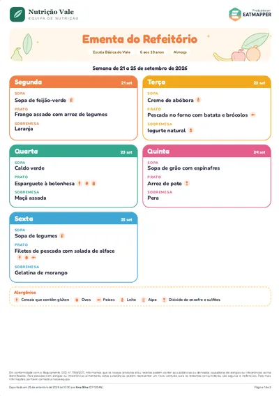 Ementa semanal exportada pelo EatMapper no modelo Colorido, na vertical