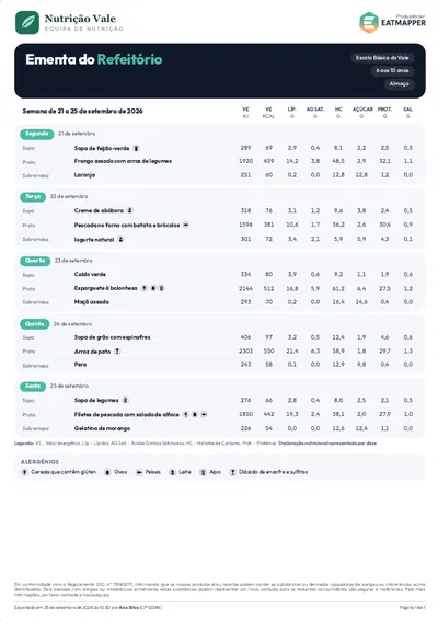 Ementa semanal exportada pelo EatMapper no modelo Moderno, na vertical