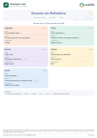 Ementa semanal exportada pelo EatMapper no modelo Pastel, na vertical
