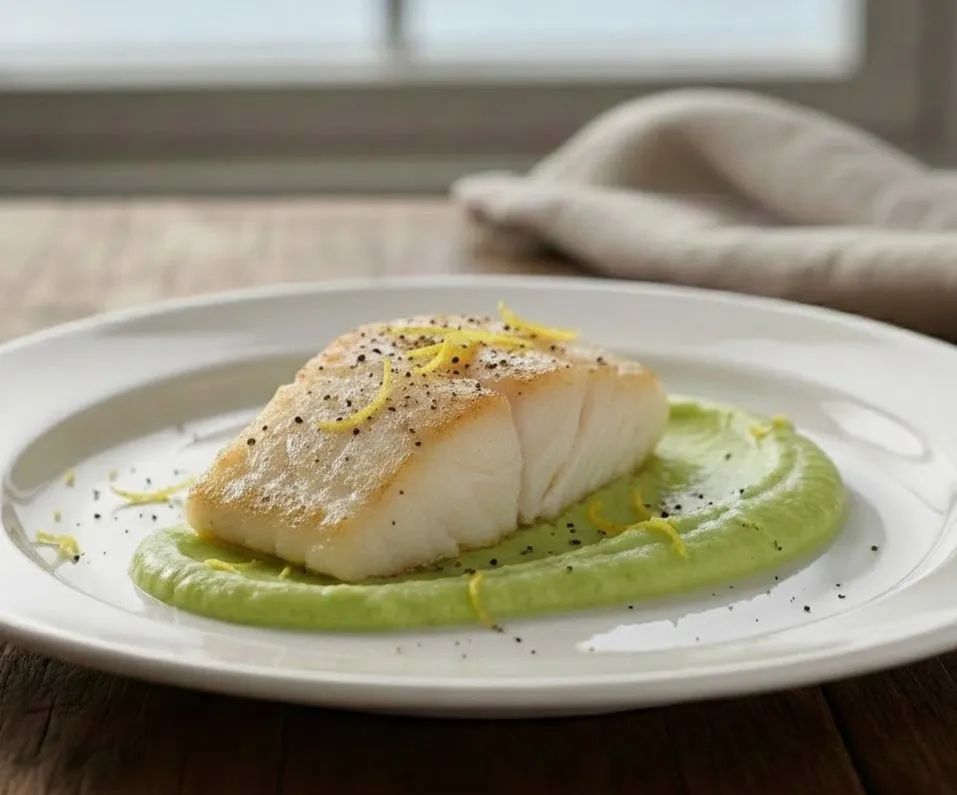 Banner for Bacalhau confitado em azeite com puré de ervilhas e hortelã