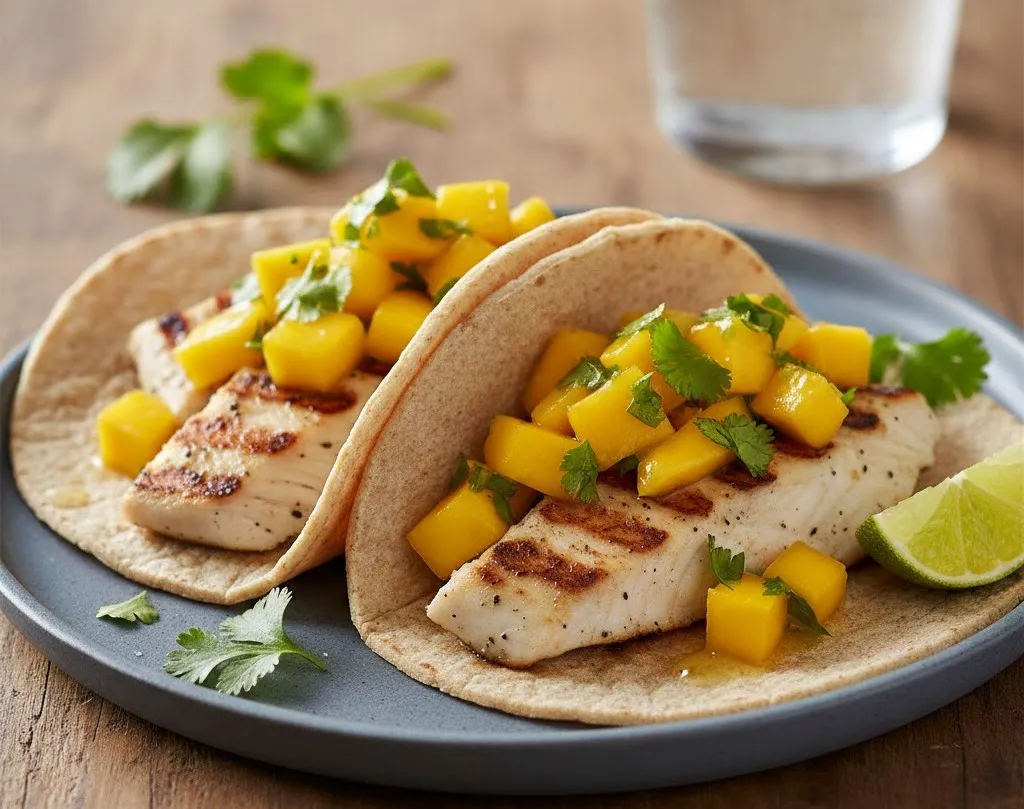 Banner for Tacos de peixe grelhado com manga, lima e coentros